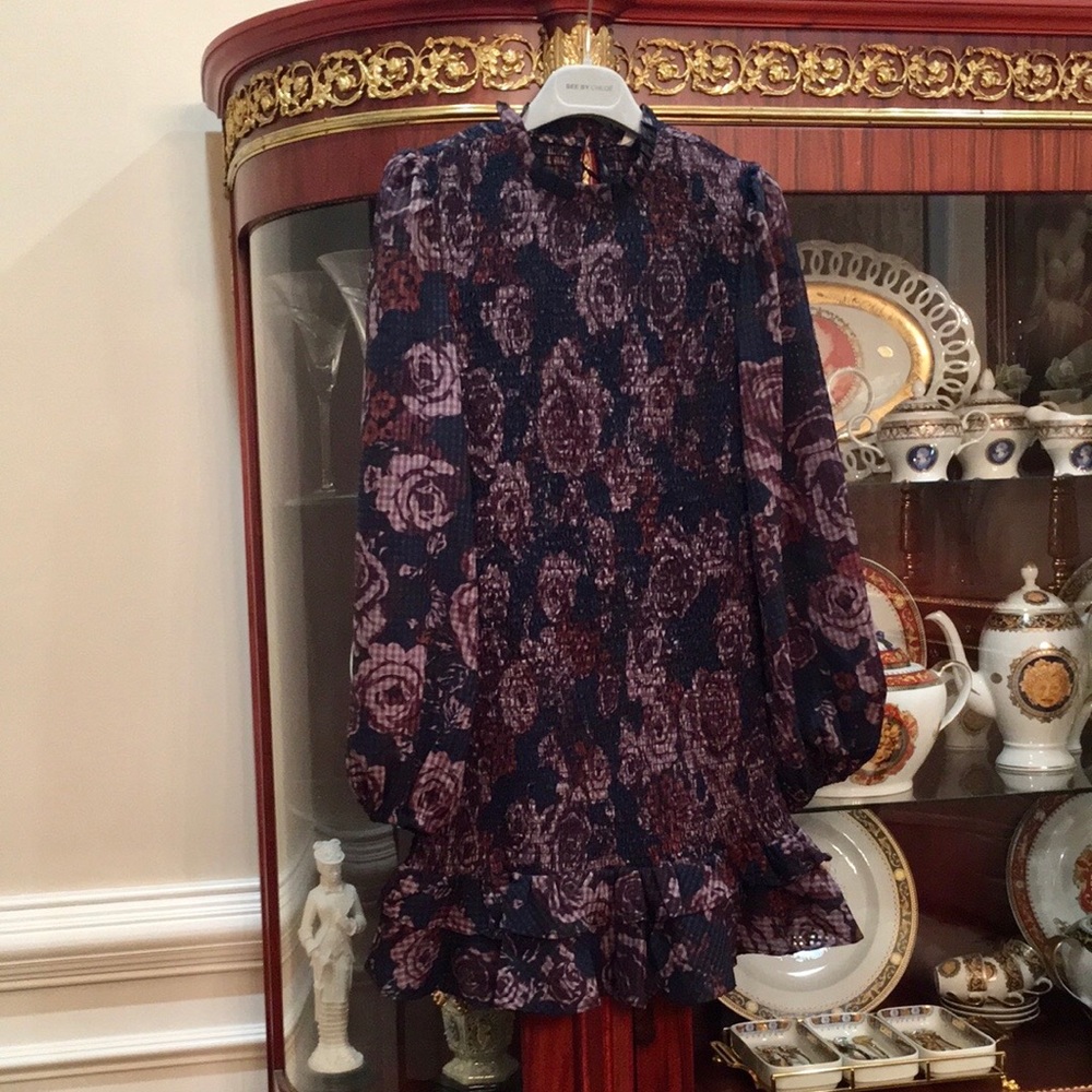 Zara puff sleeves Smocked Floral Print Ruffled Hem Mini Dress sz.XS - Picture 7 of 16